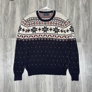 Polo Ralph Lauren Snowflake Fair Isle Crewneck Sweater White Navy Size XL Preppy